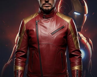 Kurtka skórzana inspirowana Iron Manem | Czerwono-złota kurtka w stylu superbohatera | Ręcznie robiona odzież wierzchnia typu streetwear dla motocyklistów