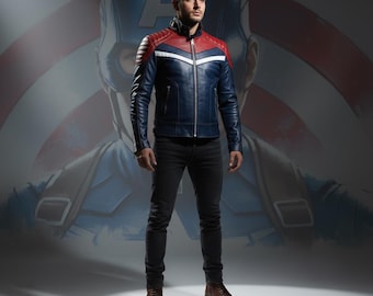 May include: A blue leather jacket with red and white accents, featuring a stand-up collar and a front zipper. The jacket is paired with black jeans and brown boots. The background features a Captain America graphic.