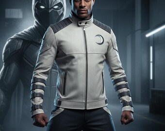 Moon Knight-inspirerad skinnjacka | Vitgrå hjältestil | Handgjord streetwear-bikerjacka