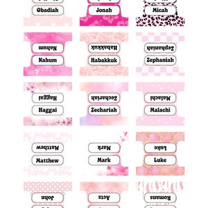 May include: A sheet of pink Bible tabs with various floral and patterned backgrounds. Each tab features a book name, including "Obadiah," "Jonah," "Micah," "Nahum," "Habakkuk," "Zephaniah," "Haggai," "Zechariah," "Malachi," "Matthew," "Mark," "Luke," "John," "Acts," and "Romans."