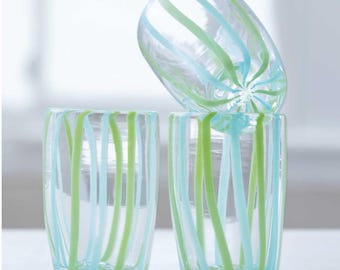 Hand Blown Blue and Green Stripe Drinking Glass