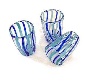 Hand Blown Cobalt Blue and Light Blue Stripe Drinking Glass
