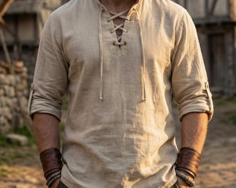 Men's Cotton Linen Viking Tunic, Renaissance Medieval Shirt, LARP Cosplay Costume
