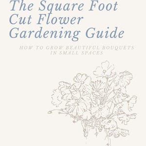 May include: A gardening guide titled "The Square Foot Cut Flower Gardening Guide" with text "How to Grow Beautiful Bouquets in Small Spaces." The cover features a sketch of a bouquet in a vase, all on a cream background.
