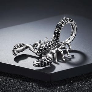 May include: A silver scorpion pendant with black gemstone detailing. The scorpion's body and tail are embellished with small, dark gemstones, creating a sparkling effect. The pendant is set against a dark background, highlighting its intricate details.