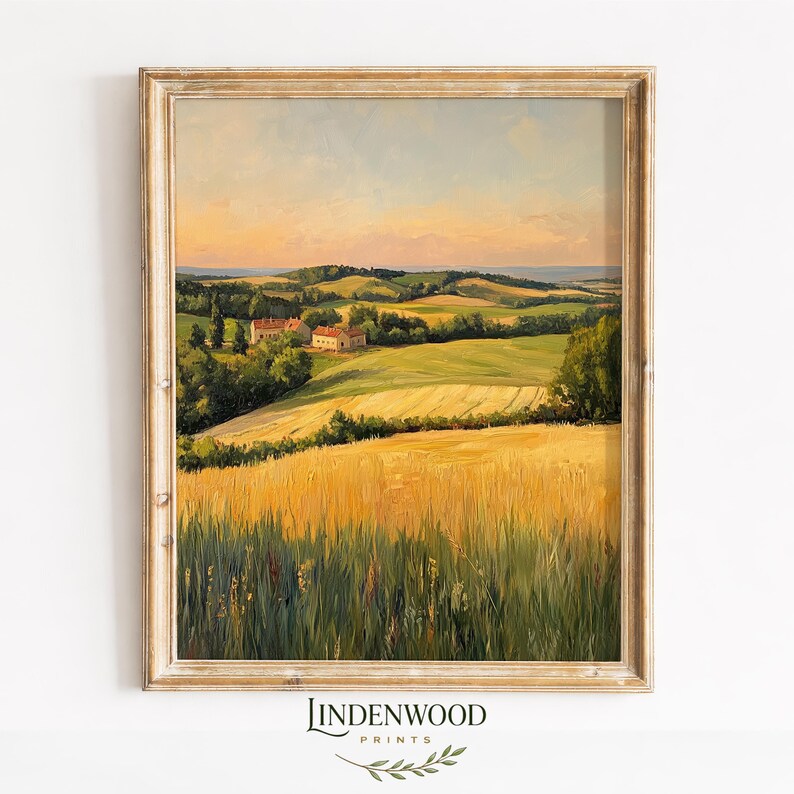 Serene wheat field artwork for dining area — soft sunset colors and rural charm radiate coziness in farmhouse style.