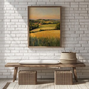 Serene landscape picture for home office — vibrant artwork showcasing patchwork fields and a cozy cottage, enhancing rustic decor.