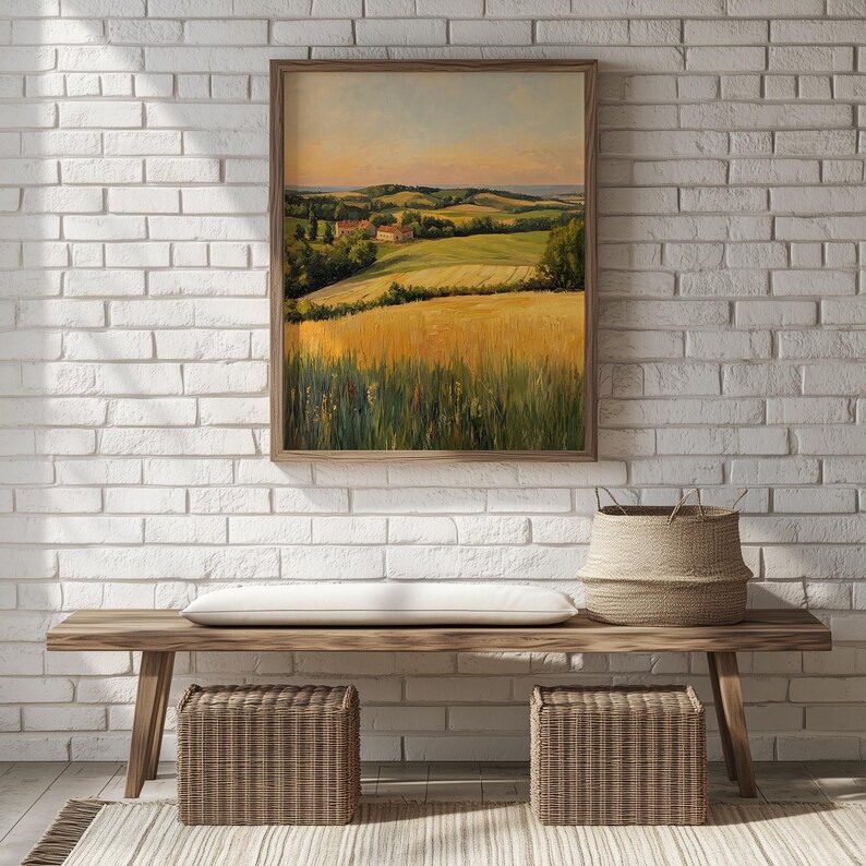 Serene landscape picture for home office — vibrant artwork showcasing patchwork fields and a cozy cottage, enhancing rustic decor.