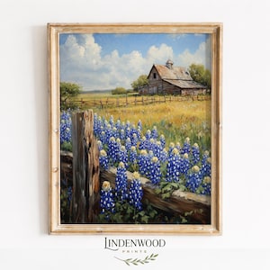 May include: A framed landscape painting depicts a rustic barn in a field of yellow wildflowers under a blue sky with fluffy clouds. A wooden fence and vibrant bluebonnets are in the foreground. The artwork is signed "LINDENWOOD PRINTS".