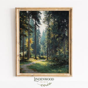 May include: A framed forest landscape painting. The artwork depicts tall, slender trees in a sunlit forest with a path winding through the scene. The color palette includes greens, browns, and hints of yellow, with the text "LINDENWOOD PRINTS" at the bottom.