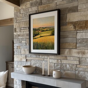 Tall grasses painting wall art for living space — pastoral scenery featuring layered hills and a quaint farmhouse under a calming sky.