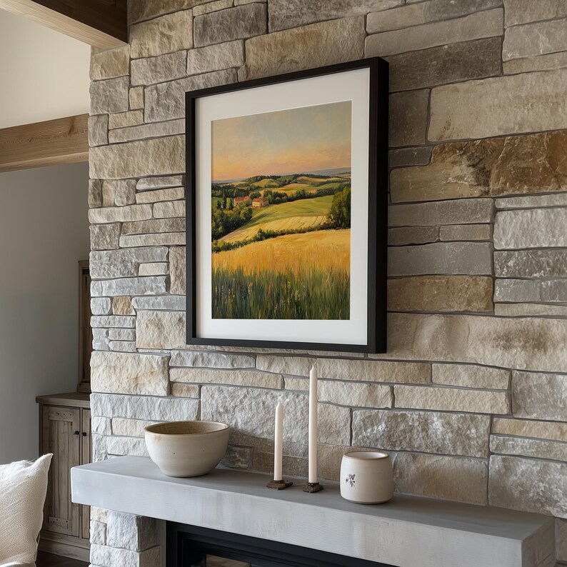 Tall grasses painting wall art for living space — pastoral scenery featuring layered hills and a quaint farmhouse under a calming sky.