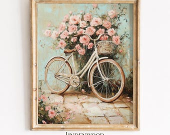 Vintage Bicycle with Pink Roses Art - Printable Romantic Cottagecore Wall Decor, Shabby-Chic Floral Painting, Pastel Digital Download 634