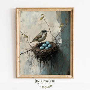 Printable Minimalist Robin Nest Painting, Rustic Neutral Bird Study, Cozy Modern Farmhouse Wall Art, Digital Nature Decor Download 717