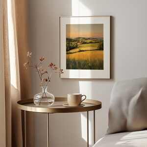 Rustic farm landscape wall art for hallway — inviting cottage views under a sunset sky, exuding warmth and comfort in home decor.