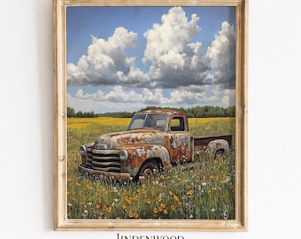 Rustikaler Bauernhaus-Pickup-Truck, Gemälde - Vintage-Landhaus, Wildblumenwiese, klassische rustikale druckbare Wandkunst Download 102