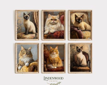 May include: Six framed cat portraits in a vintage style. Each features a different breed of cat, including Siamese and Persian, posed on ornate chairs. The artwork has a warm color palette with gold and red accents, and the frames are a light wood color.