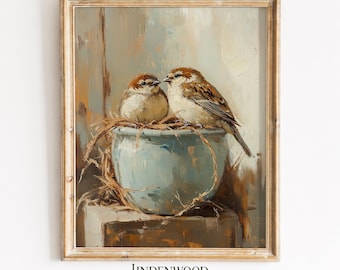 Rustic Sparrows in Ceramic Bowl - Cozy Farmhouse Decor, Cottagecore Warm Tone Art, Textured Vintage Painting, Printable Digital Download 476