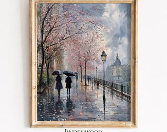 Impressionist Rainy Spring Boulevard - Romantic Cherry Blossom Art, Moody Pastels, Printable Wall Decor, Digital Download Painting 105