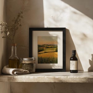 Countryside scene printable art for cozy reading nook — soothing warm colors and soft details of wheat and fields in a pastoral charm.