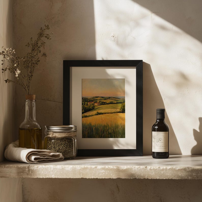 Countryside scene printable art for cozy reading nook — soothing warm colors and soft details of wheat and fields in a pastoral charm.