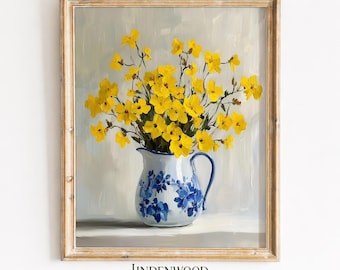 Yellow Flowers in Blue Ceramic Pitcher Painting - Cottagecore Wall Art, Minimalist Spring Floral Decor, Printable Still-Life Download 546