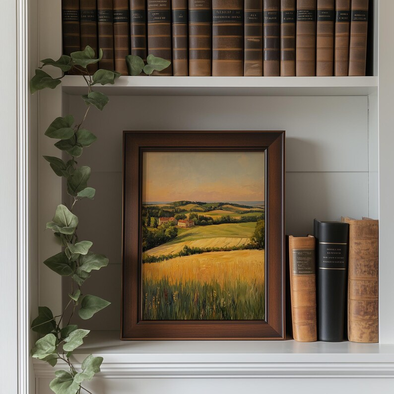 Distant hills digital download for gallery wall — rustic countryside painting with layered fields and soft natural colors for cozy home vibes.