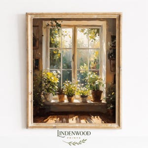 Peut inclure: Peinture encadrée d'une fenêtre ensoleillée avec des plantes en pot. La fenêtre est divisée en carreaux, avec de la verdure visible à l'extérieur. Plusieurs plantes en pot avec des fleurs jaunes et blanches sont sur le rebord de la fenêtre. La peinture a une palette de couleurs chaudes et le texte "Lindenwood Prints".
