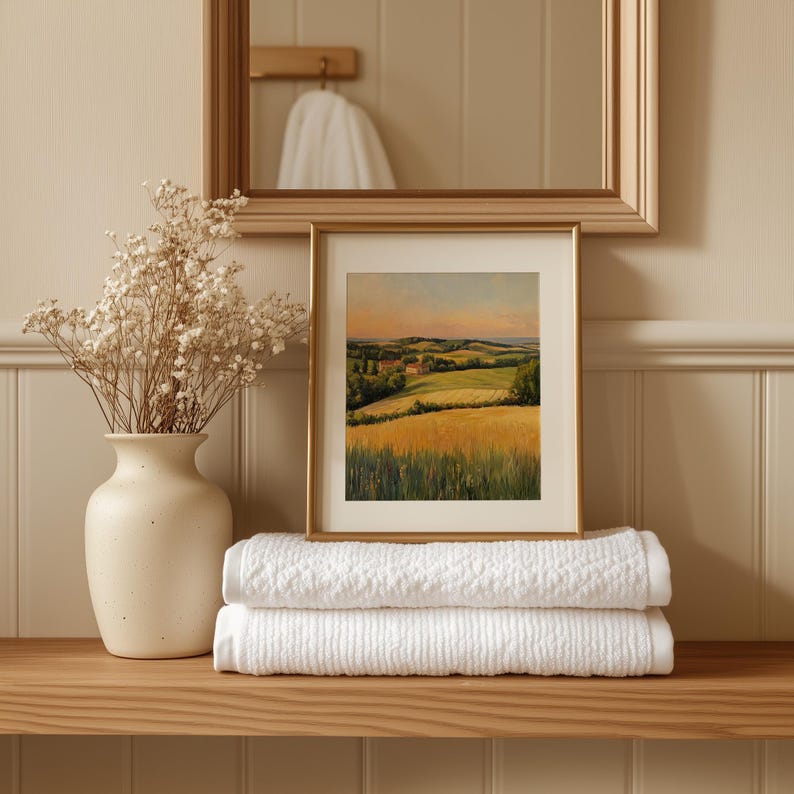 Cozy landscape oil painting for living room — inviting fields and a charming cottage create a warm pastoral atmosphere.