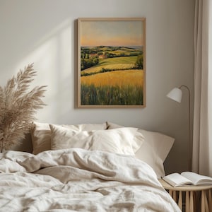 Rolling countryside landscape artwork for kitchen — serene patchwork fields and a cozy cottage, warm tones and natural brushwork.