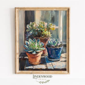 Rustikales Sukkulenten Stilleben mit Echeveria Pflanzen - Bauernhaus Fenster Dekor, Cottagecore Dekor, warmes Licht druckbare Kunst 751