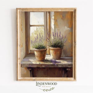 Könnte beinhalten: Gerahmter Kunstdruck mit zwei Topfpflanzen mit Lavendel auf einer Holzfensterbank. Das Kunstwerk hat eine warme Farbpalette und weiche Beleuchtung mit einer rustikalen Ästhetik. Der Druck stammt von Lindenwood Prints.