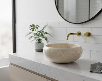 Hand-Carved Natural Beige Marble Bathroom Sink | Modern Vessel Countertop Basin