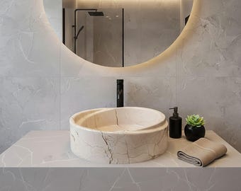 Round Beige Marble  Sink | Countertop Basin | Washbasin | Vessel Sink