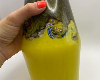Strathearn Hand-Blown Glass Vase In Striking Yellow with Wavy Brown Pattern 20cm