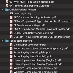 May include: A screenshot of a computer file directory. Folders include "Official Federal Posters" and "Texas state posters." PDF files are listed, including "EEOC - Know Your Rights Poster.pdf" and "Texas Payday Law (English).pdf."