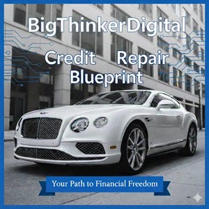 Puede incluir: Un coche de lujo blanco está estacionado en una calle de la ciudad. La imagen incluye el texto "BigThinkerDigital Credit Repair Blueprint" y "Your Path to Financial Freedom" sobre un fondo azul.