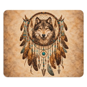 Alfombrilla de ratón con atrapasueños de lobo / Plumas bohemias nativas con detalles en turquesa