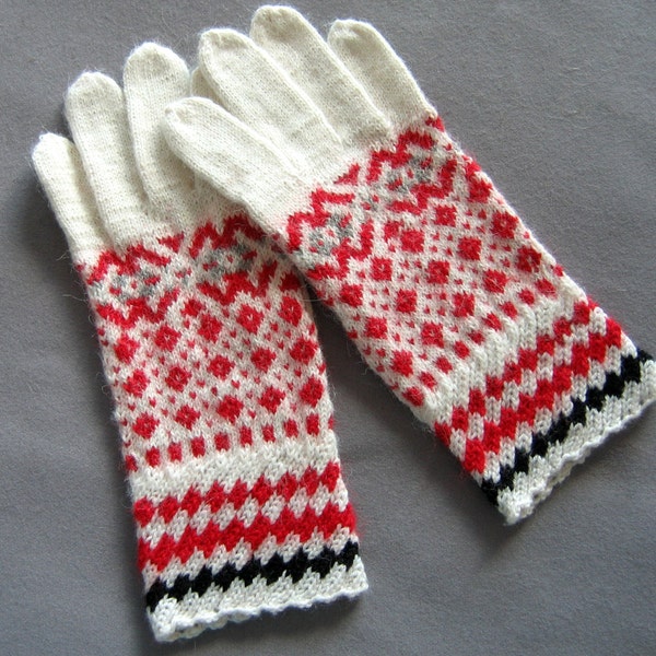 Hand stricken Handschuhe. Gestrickte Handschuhe. Weiße, rote und schwarze Handschuhe. Gemusterte Handschuhe. Estnische Handwerk