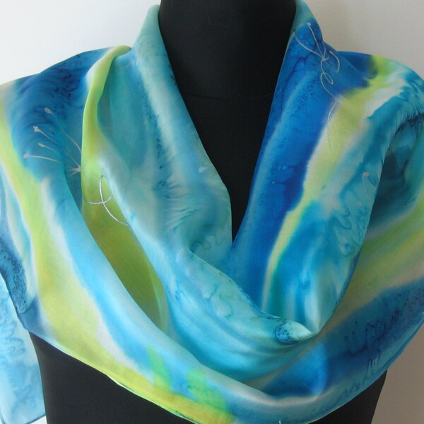 Aquamarine, cobalt blue and  green color shades abstract scarf. Hand painted scarf. Blue silk scarf. Scarf resembling waves.