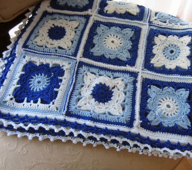 Light blue navy blue and white blanket Crochet afghan baby crochet blanket handmade blanket granny square afghan