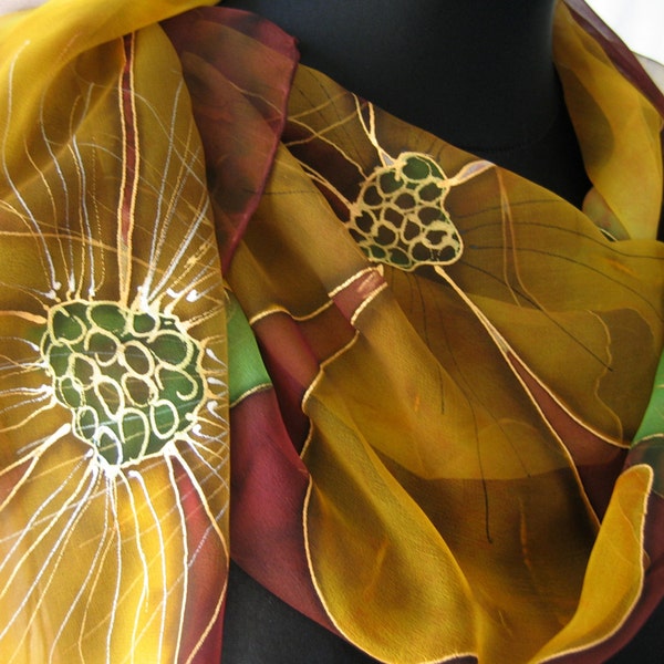 Honey yellow flowers chiffon scarf. Dark red silk chiffon scarf.  Hand painted multicolored scarf. Art scarf for ladies. Silk chiffon scarf.