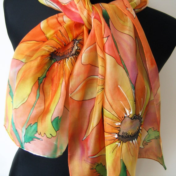 Sunny yellow orange and pink silk scarf. Hand painted scarf. | Etsy