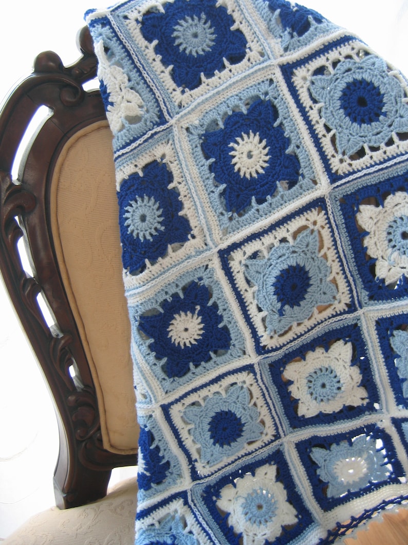 Light blue navy blue and white blanket Crochet afghan baby crochet blanket handmade blanket granny square afghan