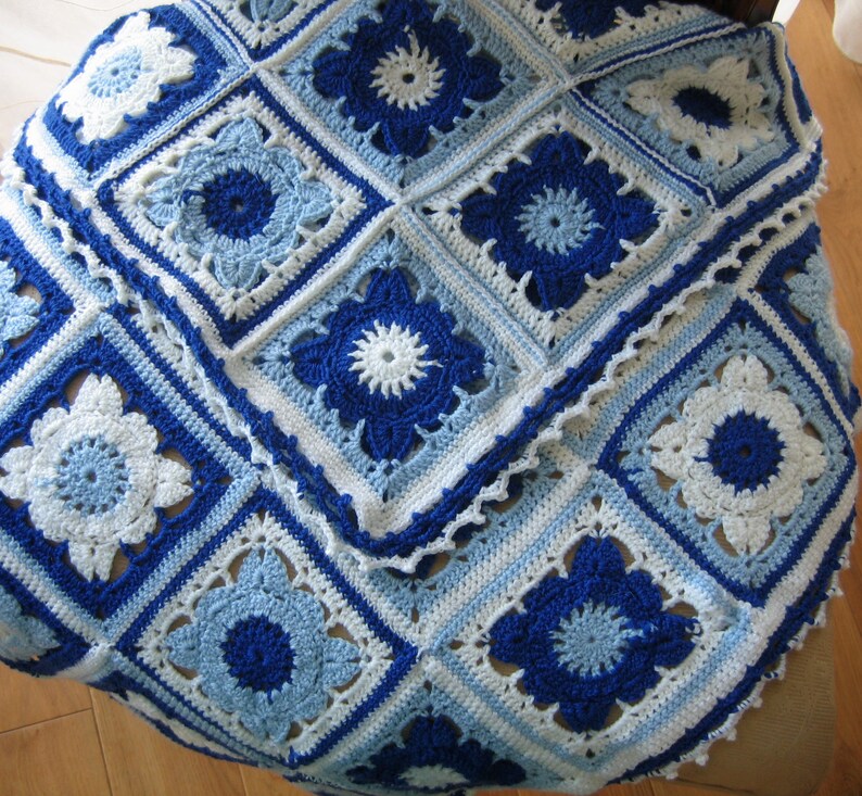 Light blue navy blue and white blanket Crochet afghan baby crochet blanket handmade blanket granny square afghan
