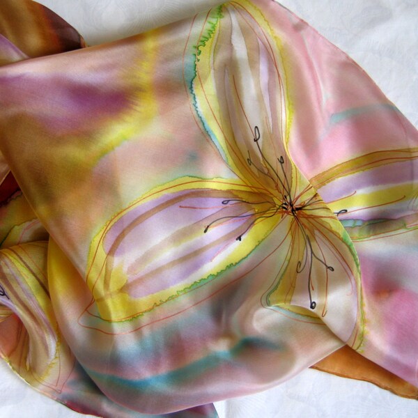 Hand Painted Soft Colors Silk Scarf. Flowers silk scarf. Fashion Art Scarf. Apricot, Terracota, Green, Pink, Yellov, Blue Colors.