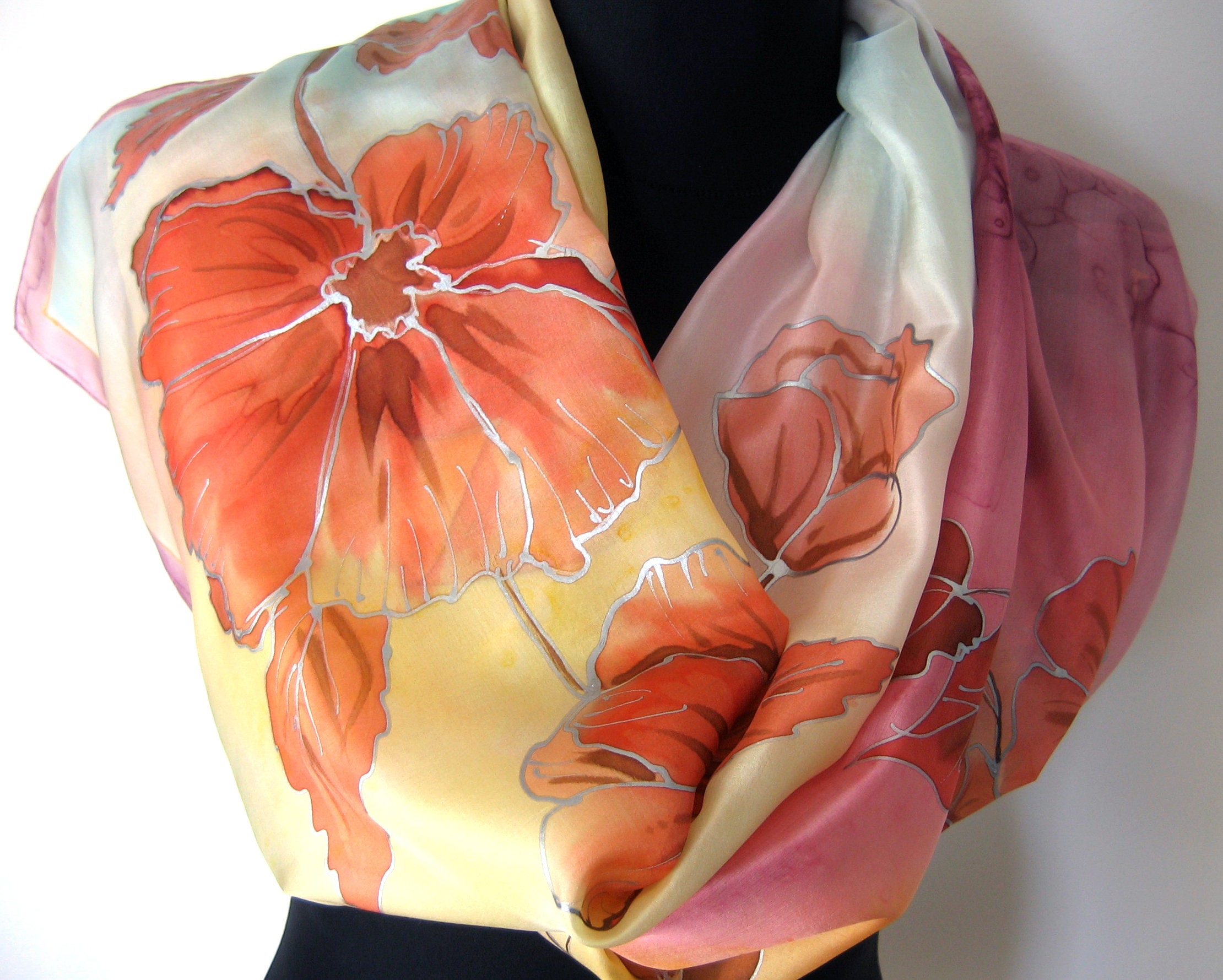 Orange flowers hand painted silk scarf
