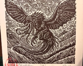 Snallygaster - Cryptid - Handmade, Carved, Inked, and Pulled Linocut Relief Print