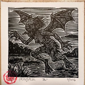Boo Hag - Cryptid - Handmade, Carved, Inked, and Pulled Linocut Relief Print