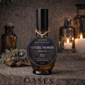 May include: A brown glass perfume bottle with a black cap and a round tag that reads "FUTURE MEMORY - Aquarius." The bottle is 30 ml. Candles and other bottles are in the background. The brand name is Oases Apothecary.
